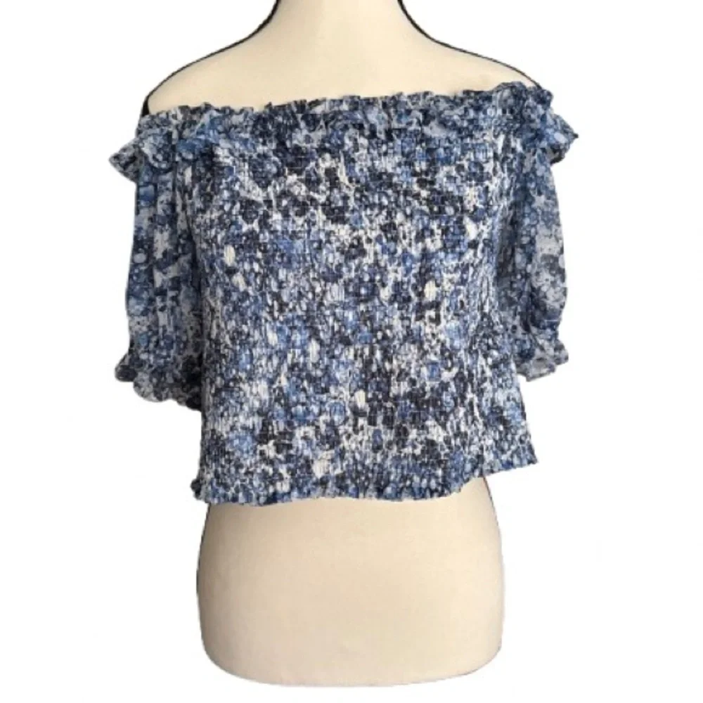 Express Blue Smocked Off-Shoulder Crop Top – Size XL - Picture 2 of 6